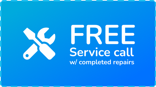 A graphic with an icon of two different wrenches and the text: Free service call with completed repairs