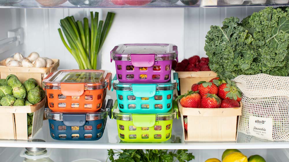 Interior of a refrigerator, full of fruits and vegetables